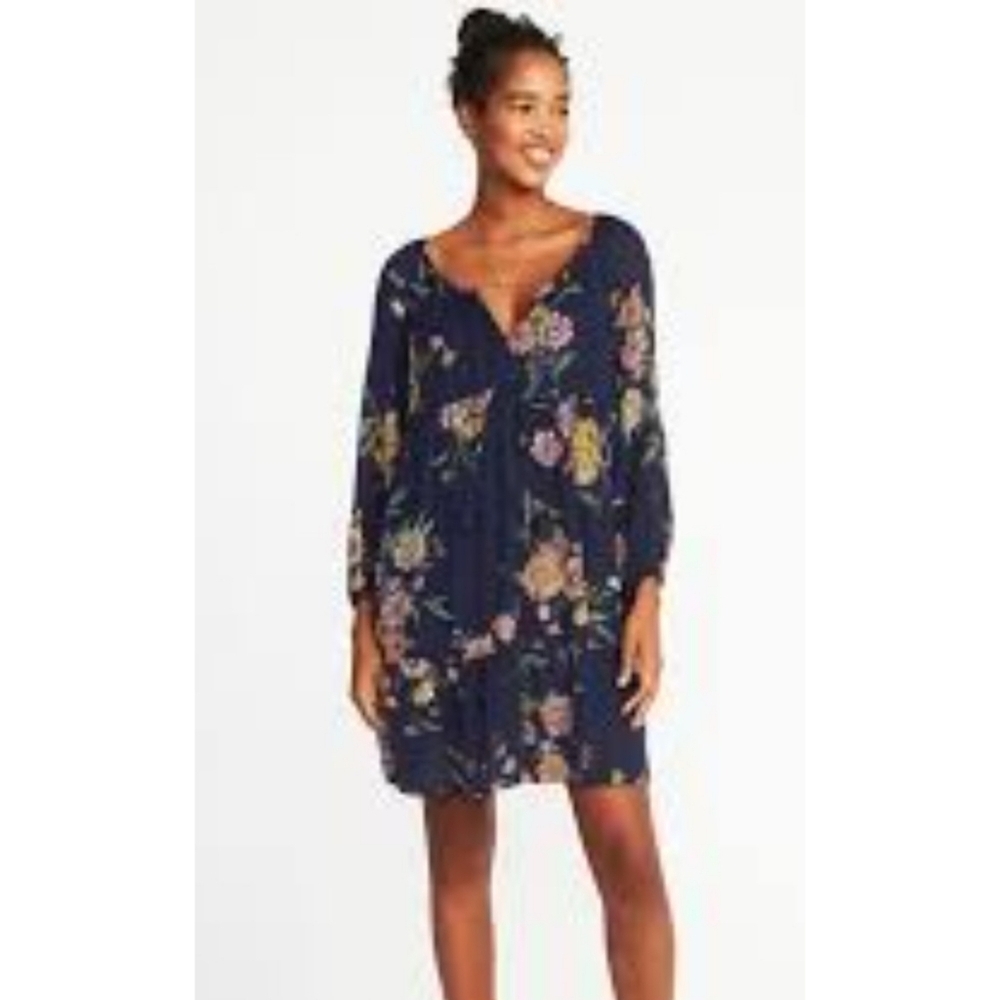 Old Navy Tassel Tie Boho Swing dress Navy Floral Size S